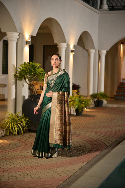 Soft Raw Silk Madhubani Printed Pallu - GREEN