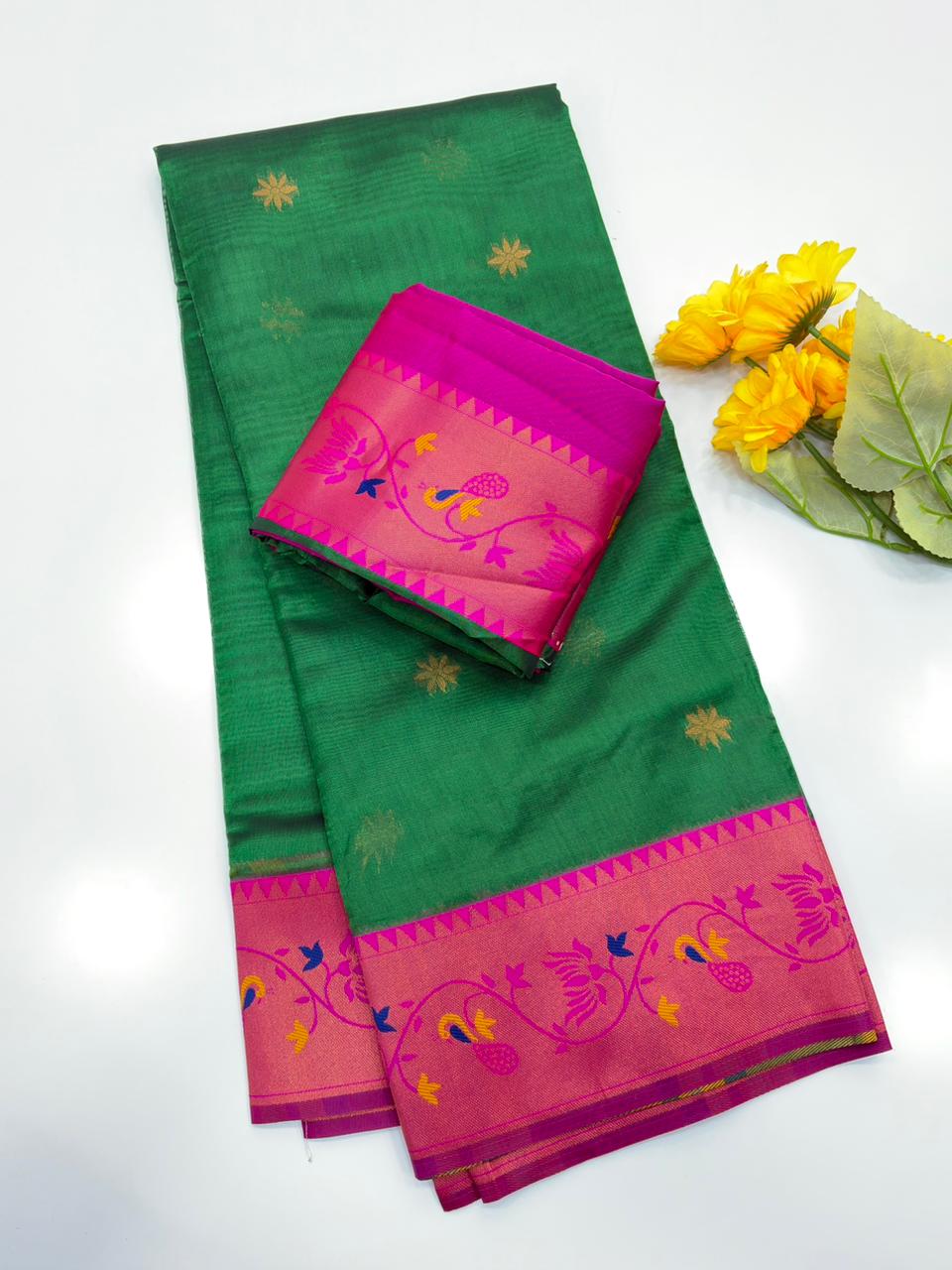 Designer Paithani Saree with Rich Zari Pallu- GREEN