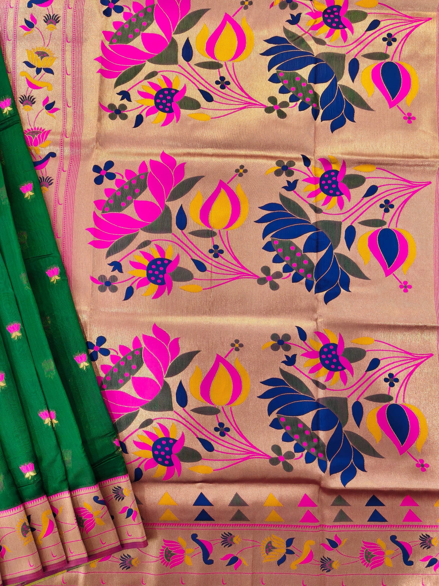 Paithani Silk Saree with Floral Motifs and Zari Pallu - GREEN