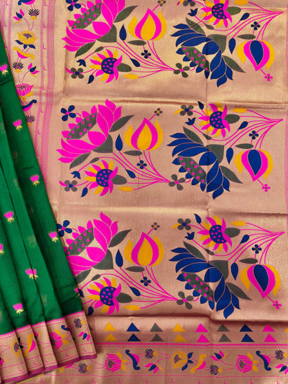 Paithani Silk Saree with Floral Motifs and Zari Pallu - GREEN