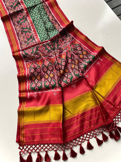 Soft Pure Patola Silk Double Ikat Printed Saree with Zari Stripe Border-GREEN