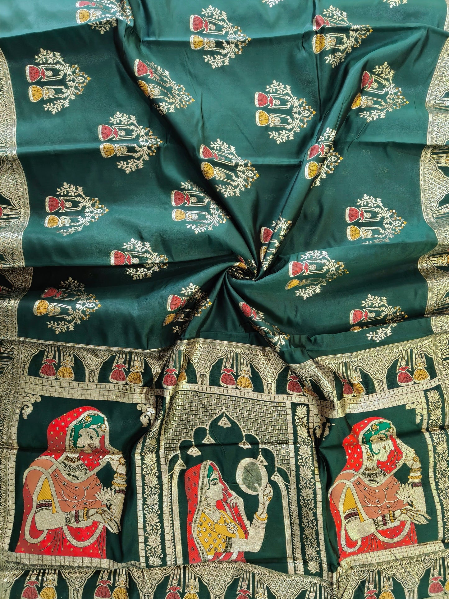 SOFT BANARASI PASHMINA  SAREE WITH ZARI BORDER -  GREEN