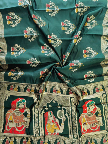 SOFT BANARASI PASHMINA  SAREE WITH ZARI BORDER -  GREEN