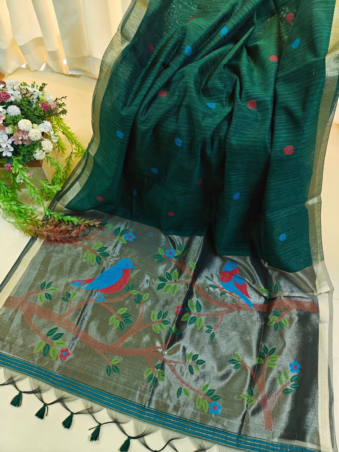 Pure Linen Saree With Zari Bird & Floral Pallu - GREEN