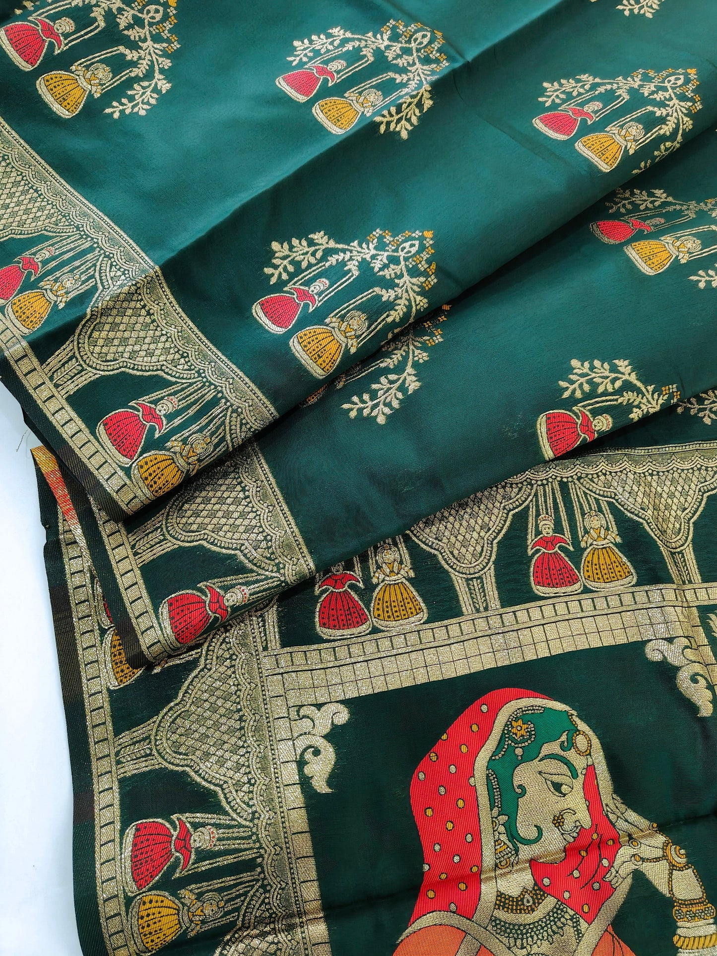 SOFT BANARASI PASHMINA  SAREE WITH ZARI BORDER -  GREEN