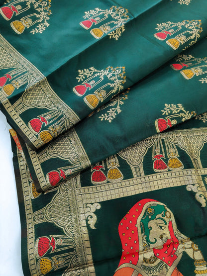 SOFT BANARASI PASHMINA  SAREE WITH ZARI BORDER -  GREEN