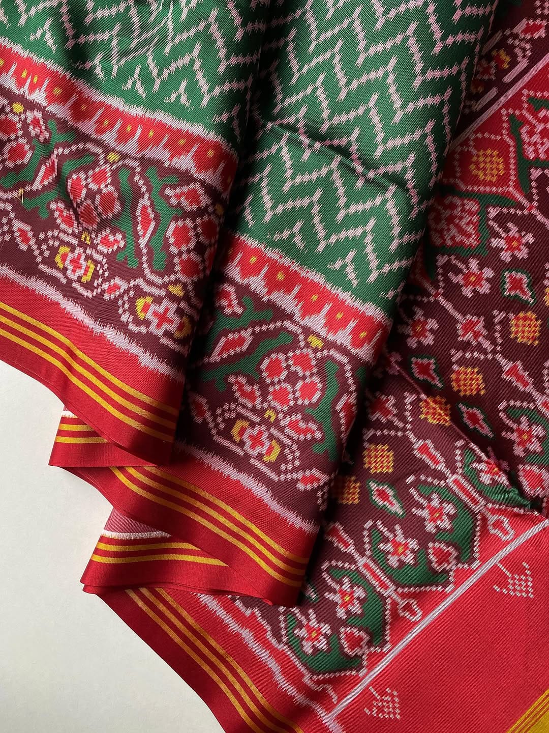 Soft Pure Patola Silk Double Ikat Printed Saree with Zari Stripe Border-GREEN