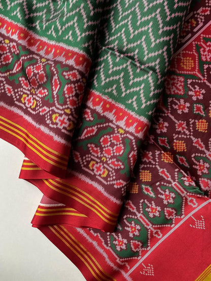 Soft Pure Patola Silk Double Ikat Printed Saree with Zari Stripe Border-GREEN