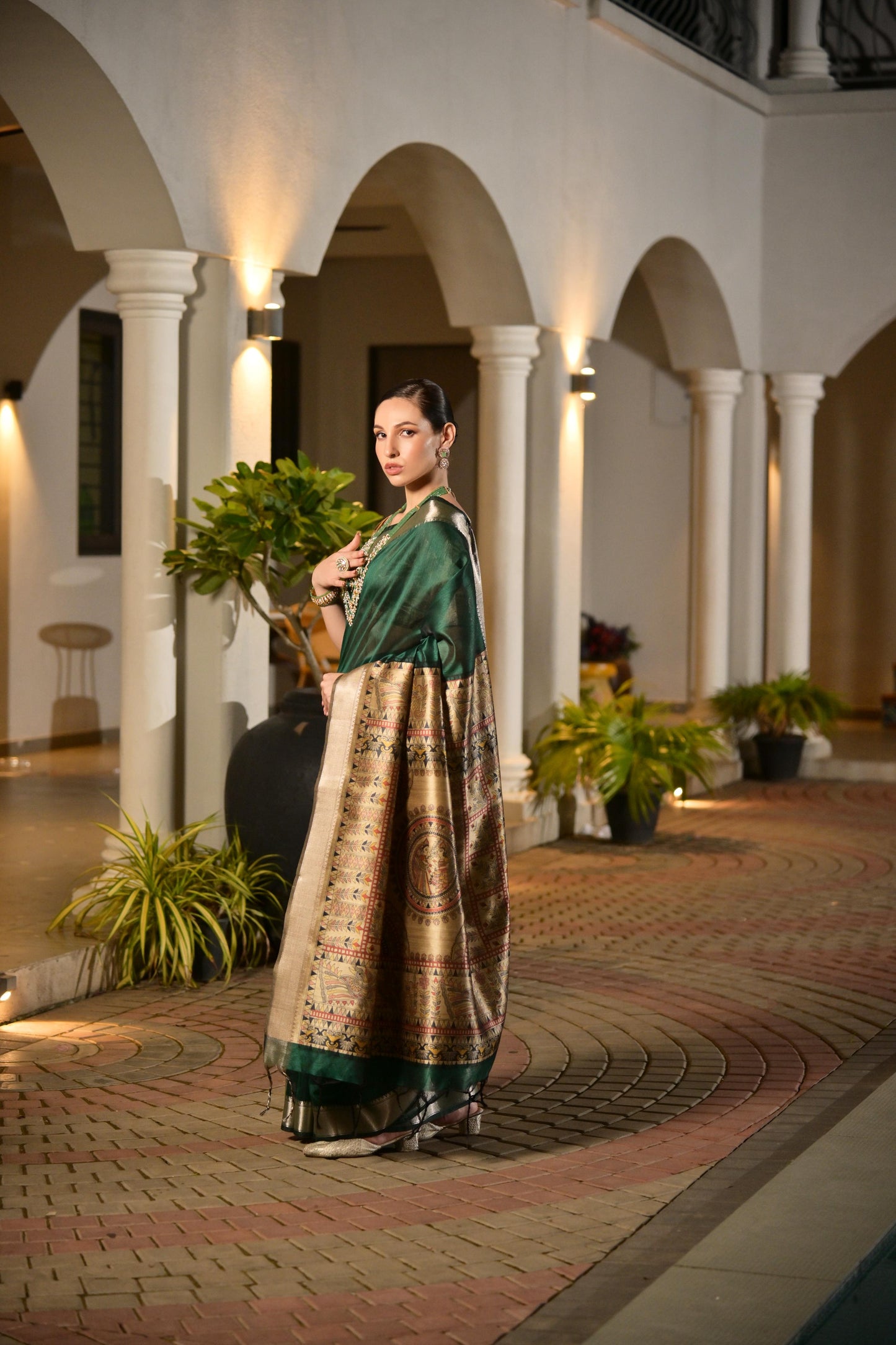 Soft Raw Silk Madhubani Printed Pallu - GREEN