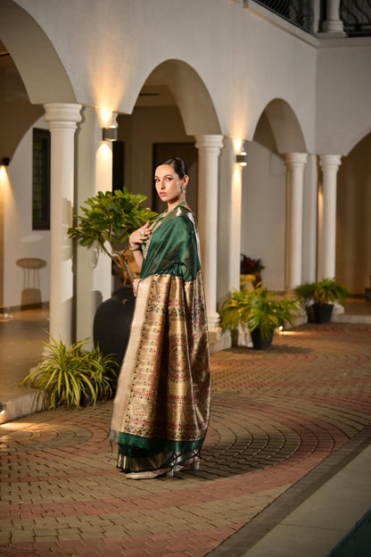 Soft Raw Silk Madhubani Printed Pallu - GREEN