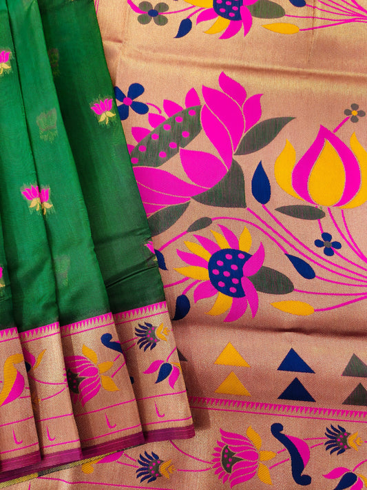 Paithani Silk Saree with Floral Motifs and Zari Pallu - GREEN