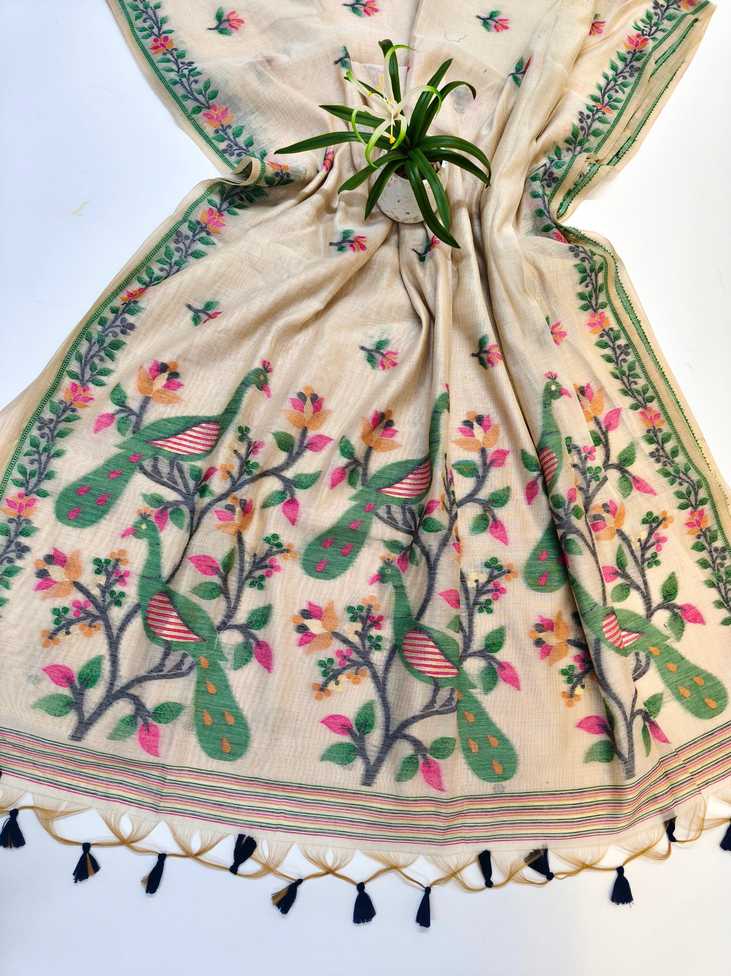 Signature Muga Cotton Saree with Peacock Inspired Pallu - GREEN