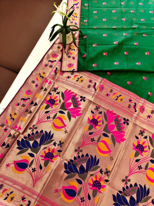 Paithani Silk Saree with Floral Motifs and Zari Pallu - GREEN