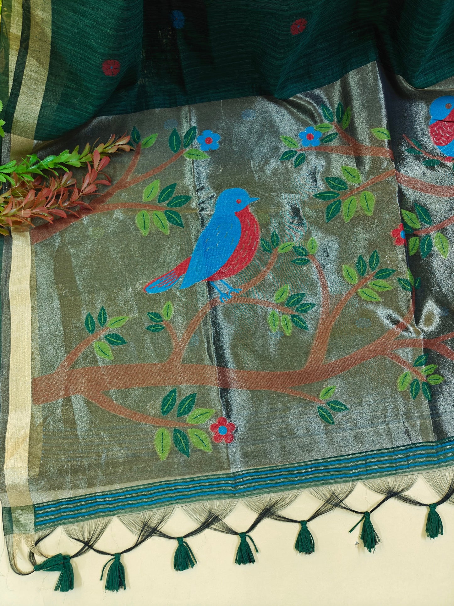 Pure Linen Saree With Zari Bird & Floral Pallu - GREEN