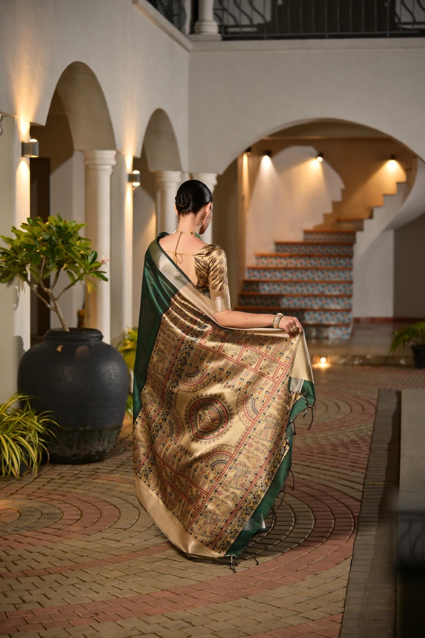 Soft Raw Silk Madhubani Printed Pallu - GREEN