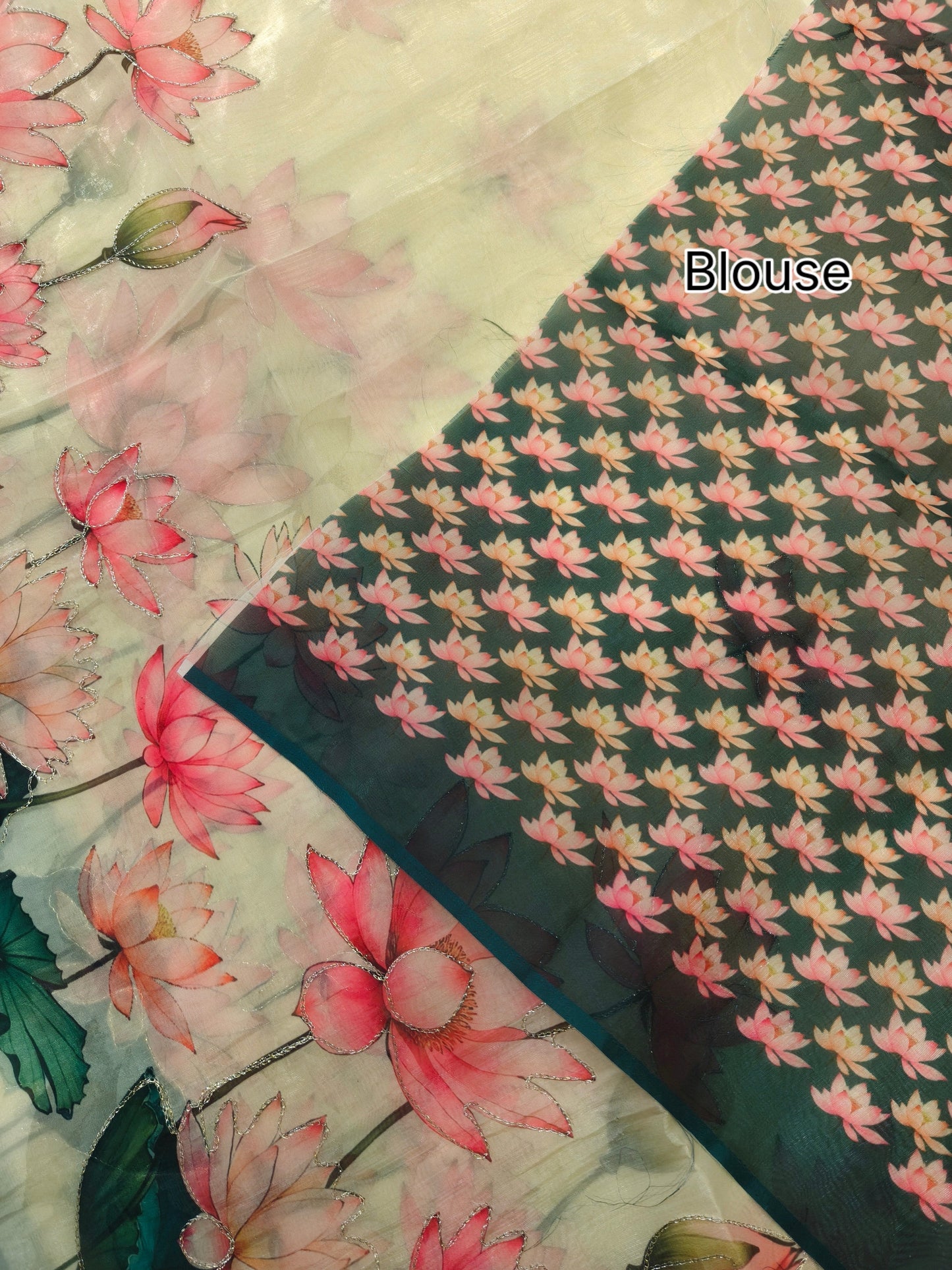 Elegant Organza Silk Saree with Floral Pallu and Stylish Tassels-GREEN