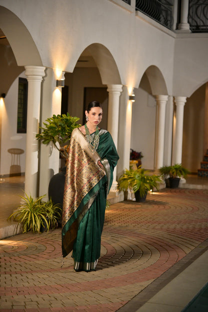 Soft Raw Silk Madhubani Printed Pallu - GREEN