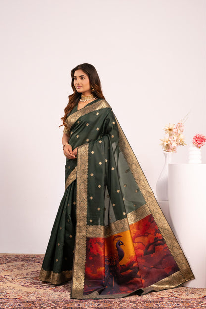 Traditional Paithani Saree with Zari Butti & Storytelling Pallu - GREEN