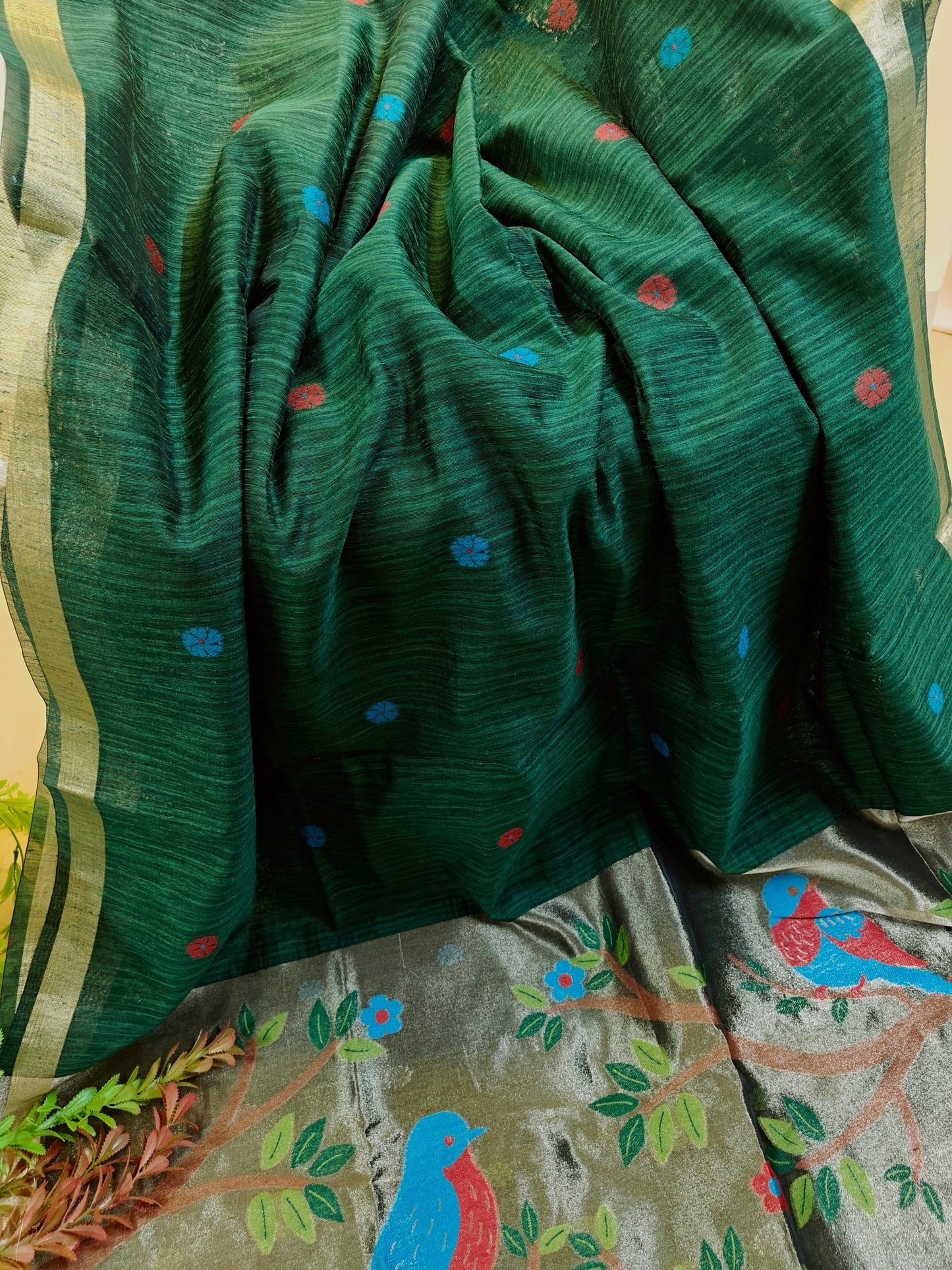 Pure Linen Saree With Zari Bird & Floral Pallu - GREEN