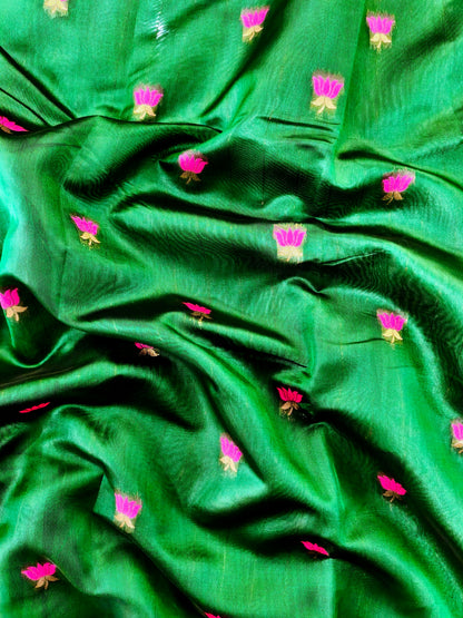Paithani Silk Saree with Floral Motifs and Zari Pallu - GREEN