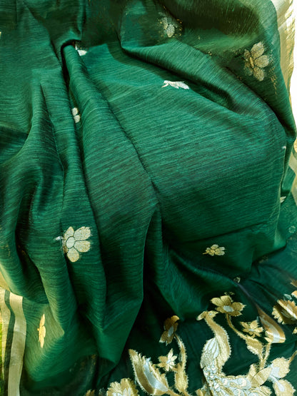 Pure Linen Saree with Antique Gold Floral & Peacock Zari Border - GREEN