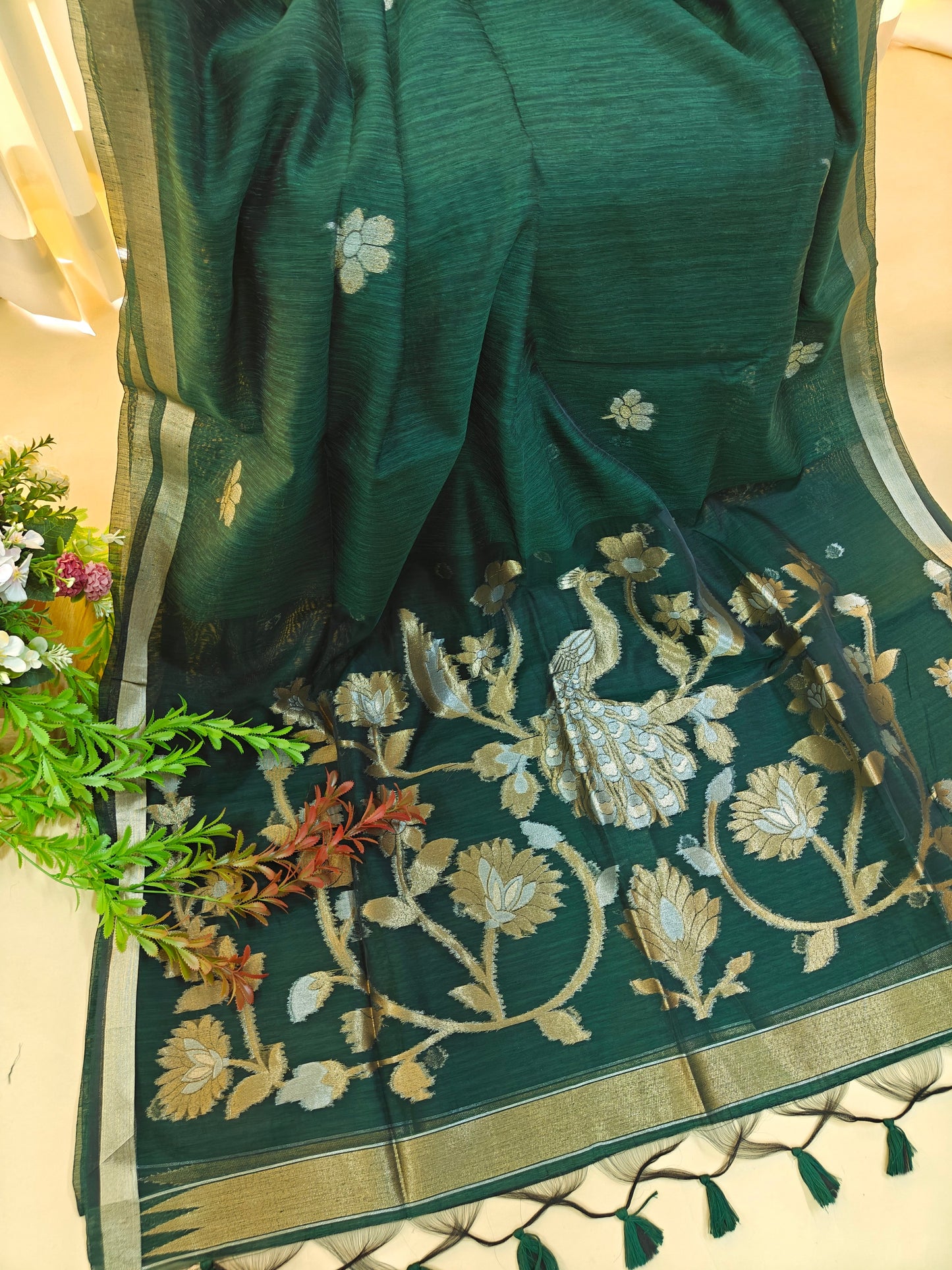 Pure Linen Saree with Antique Gold Floral & Peacock Zari Border - GREEN