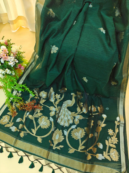 Pure Linen Saree with Antique Gold Floral & Peacock Zari Border - GREEN