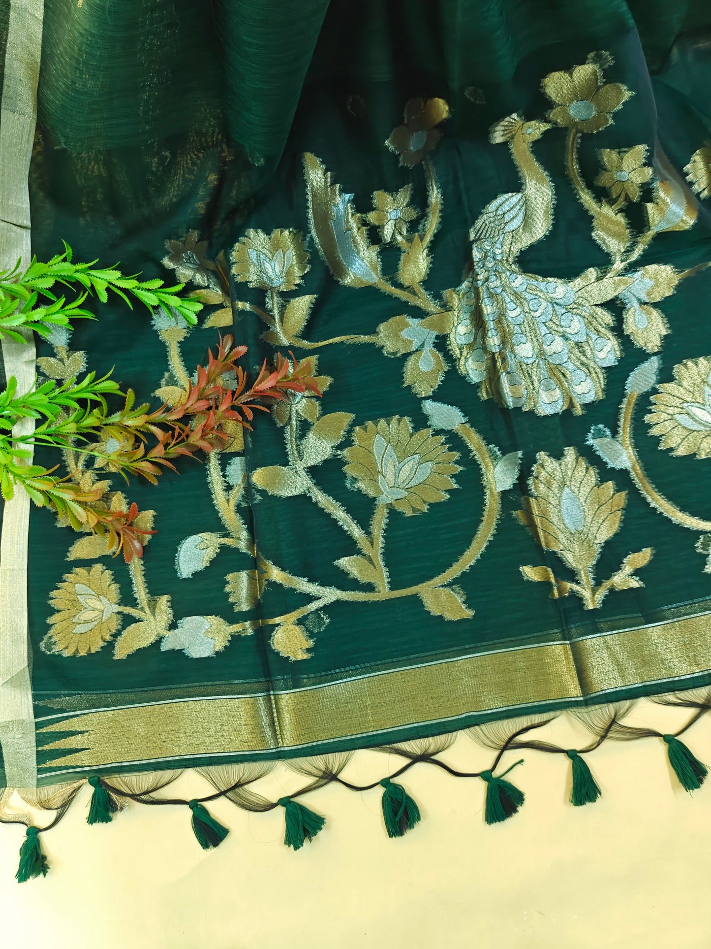Pure Linen Saree with Antique Gold Floral & Peacock Zari Border - GREEN