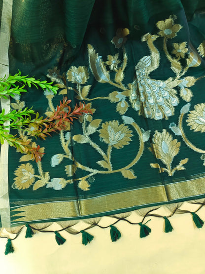 Pure Linen Saree with Antique Gold Floral & Peacock Zari Border - GREEN