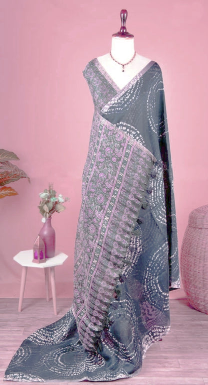 Soft Linen Cotton Heritage Print Saree for Women - Grey