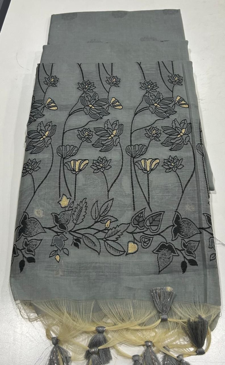 Handloom Chanderi Cotton Saree with Delicate Floral Motifs- GREY