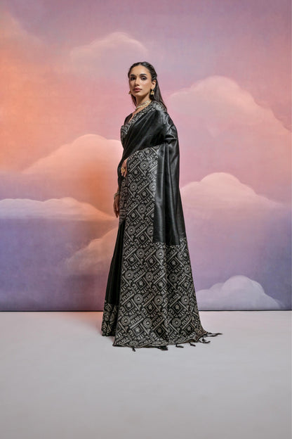 Banglori Handloom raw silk saree - BLACK