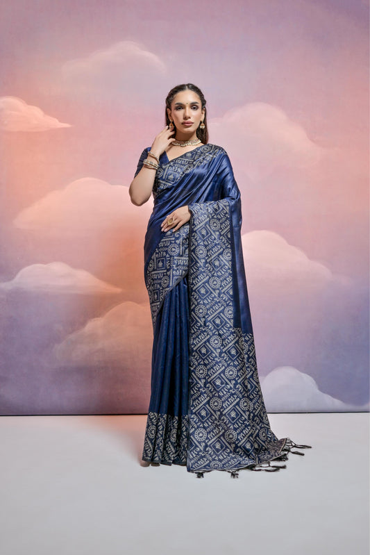 Banglori Handloom raw silk saree - N.BLUE