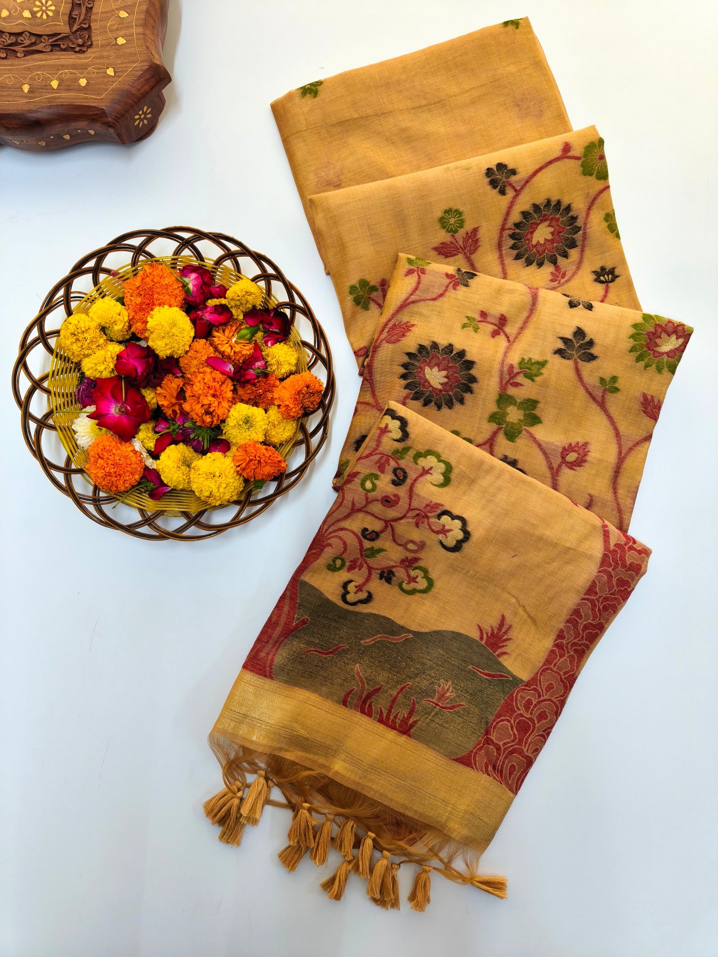 Muga Cotton Saree with Ethnic Floral Design- YELLOW