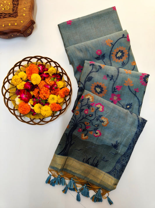Muga Cotton Saree with Ethnic Floral Design- BLUE