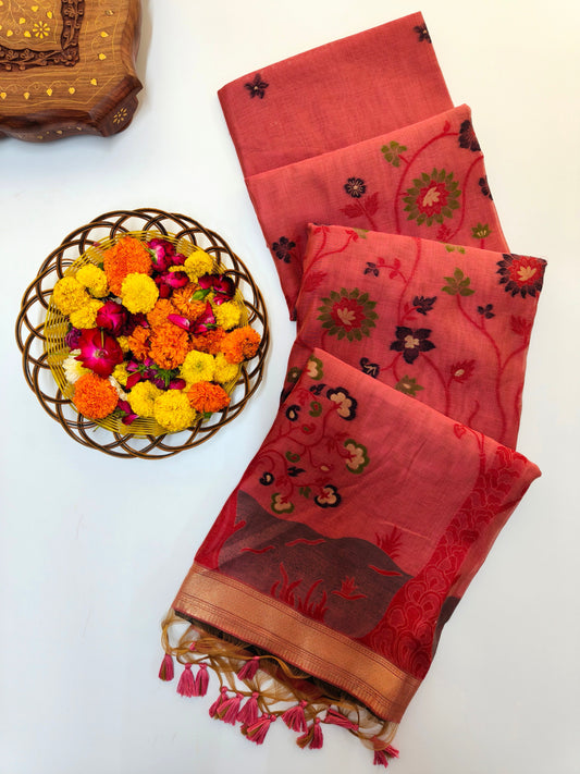 Muga Cotton Saree with Ethnic Floral Design- PINK