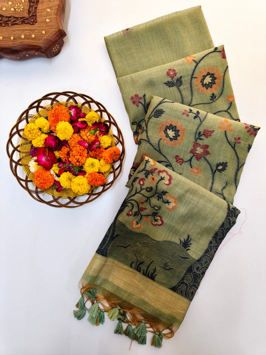 Muga Cotton Saree with Ethnic Floral Design- PISTA