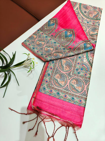 Tussar Silk Madhubani - PINK