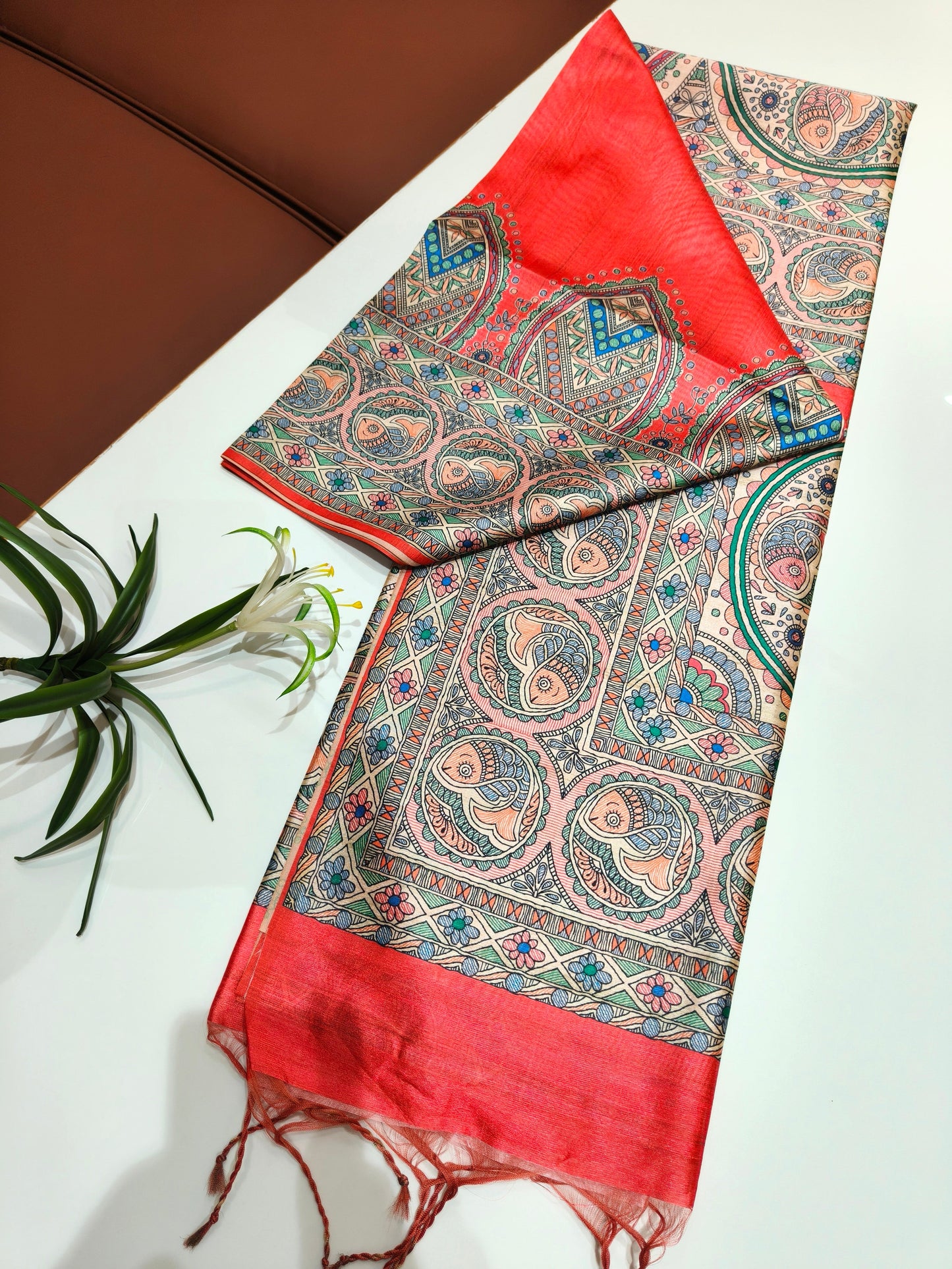 Tussar Silk Madhubani -RED