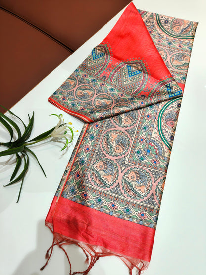 Tussar Silk Madhubani -RED