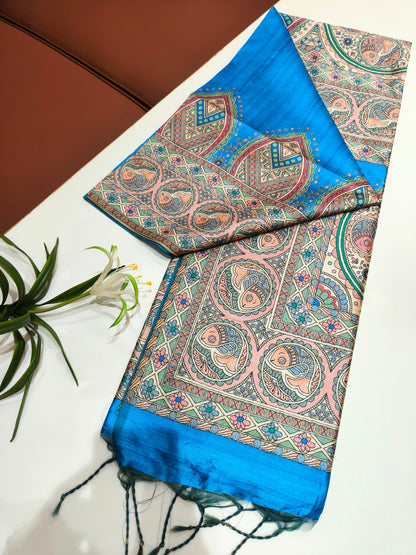 Tussar Silk Madhubani - BLUE