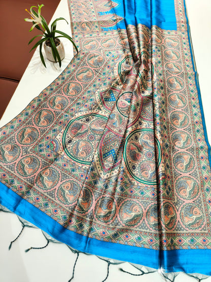 Tussar Silk Madhubani - BLUE