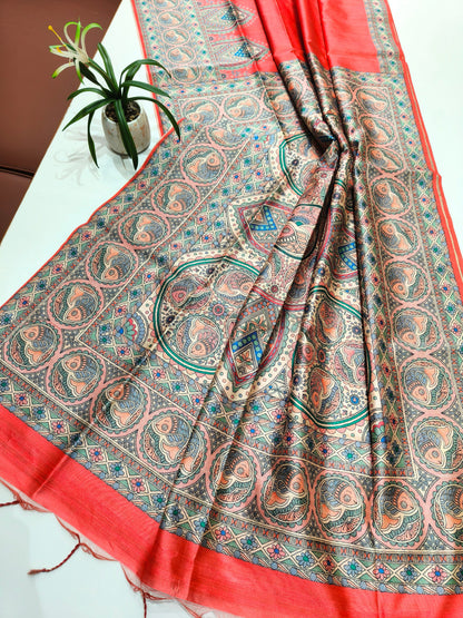 Tussar Silk Madhubani -RED