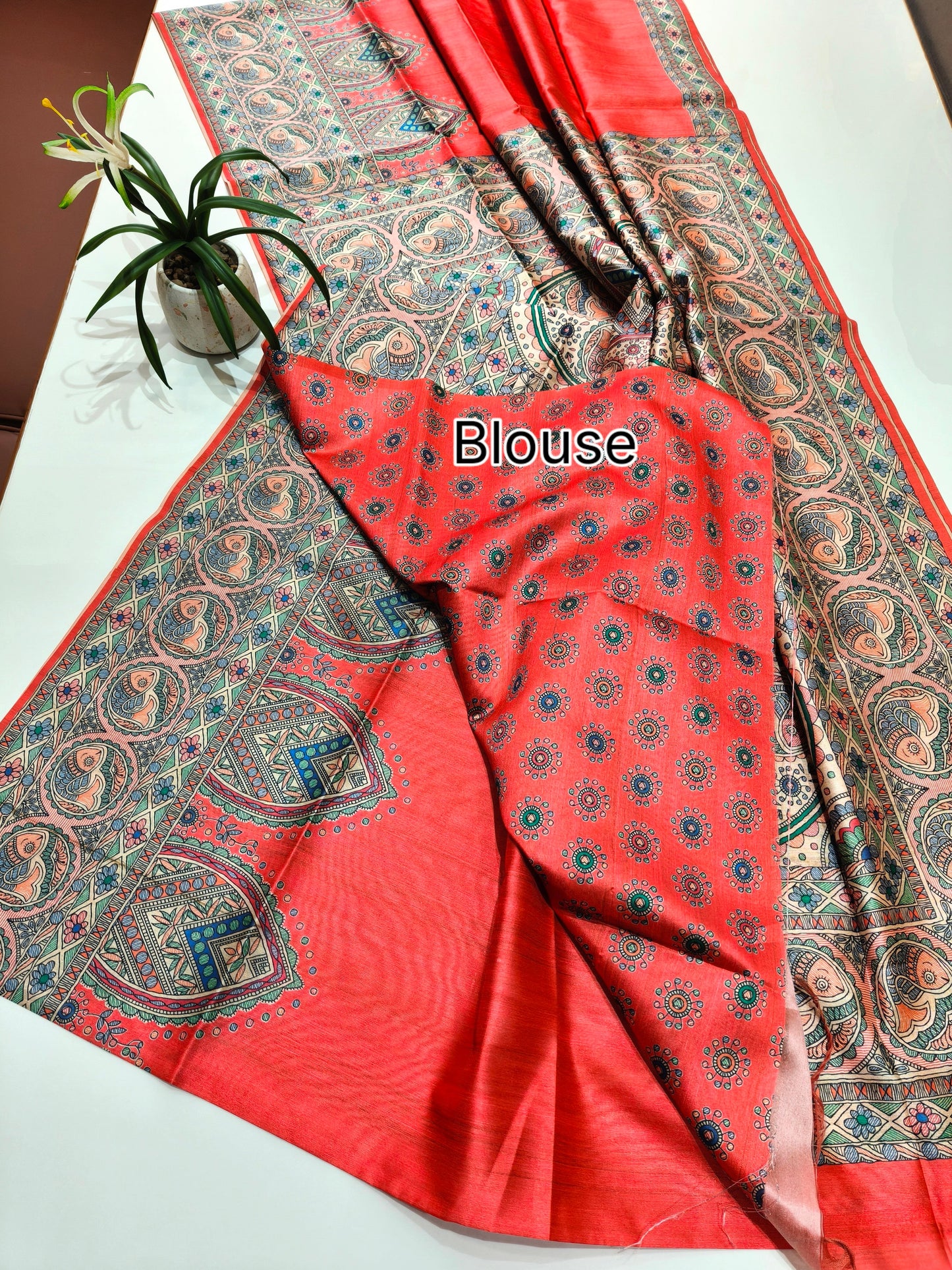 Tussar Silk Madhubani -RED