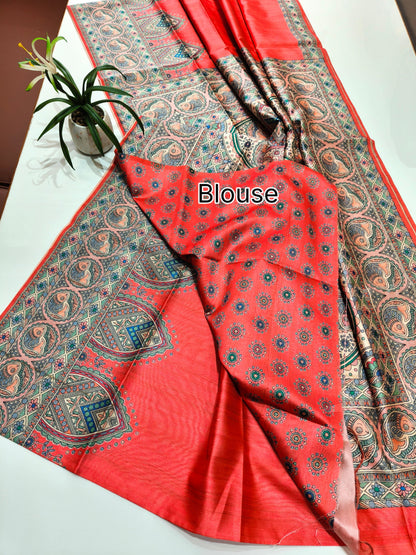 Tussar Silk Madhubani -RED