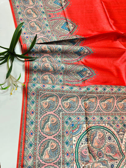 Tussar Silk Madhubani -RED
