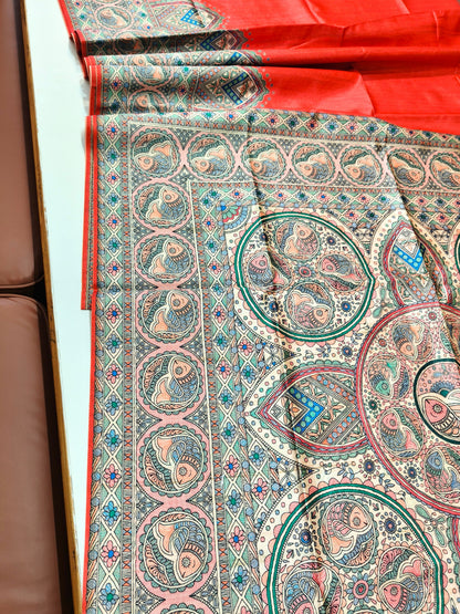 Tussar Silk Madhubani -RED