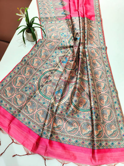 Tussar Silk Madhubani - PINK