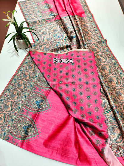 Tussar Silk Madhubani - PINK