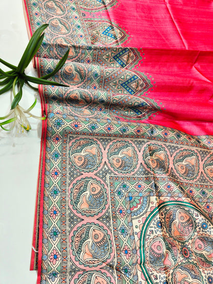 Tussar Silk Madhubani - PINK